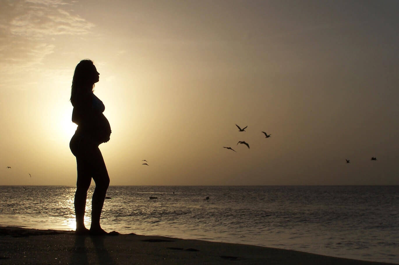 silhouette of pregnant woman near the beach during sunset